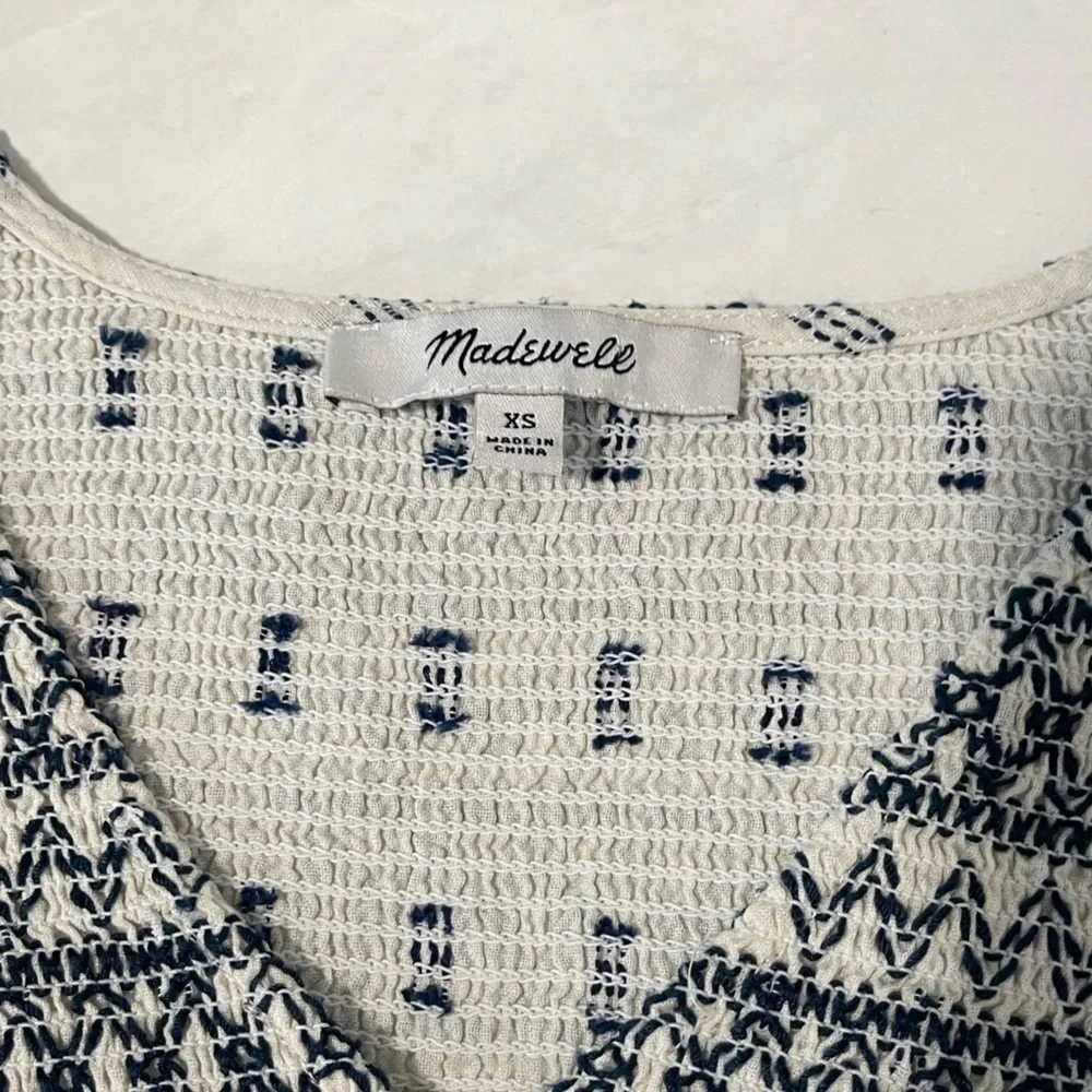 Madewell White Blue Embroidered Clipdot Puff Sleeve Yoke Top Size XS